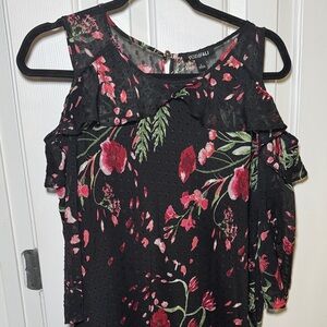 Roz & Ali Black and Pink Floral Cold Shoulder Blouse